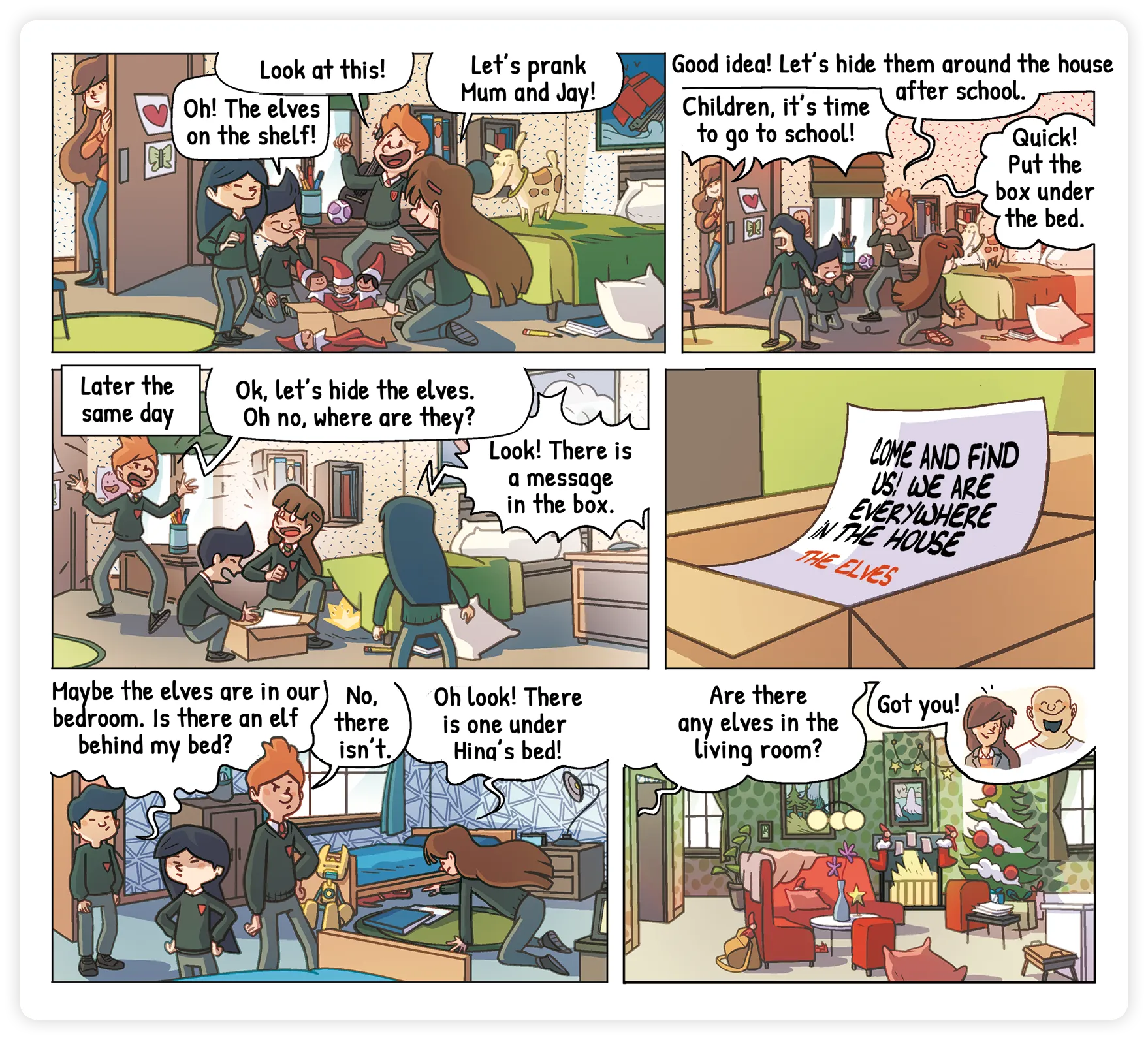 comic page about kids played by christmas elves